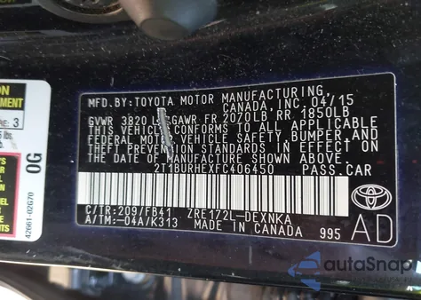 2015 Toyota Corolla Le z USA, uszkodzony, nr VIN 2T1BURHEXFC406450